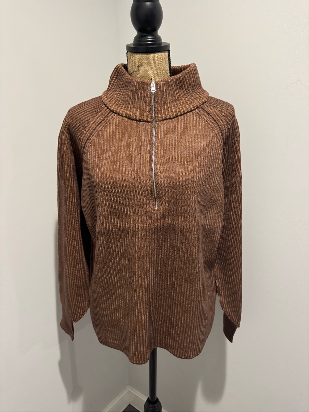 NWT Zenana Women’s Brown Half-Zip Ribbed Sweater